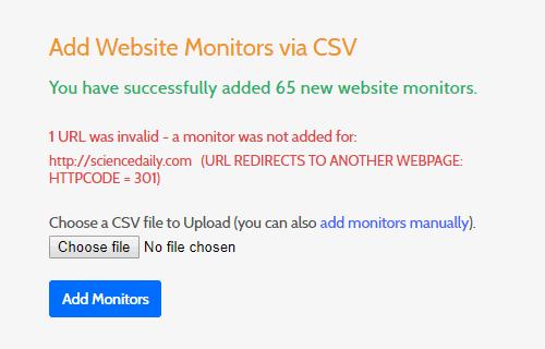 bulk import website monitors from CSV file