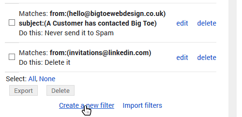 create new filter Gmail